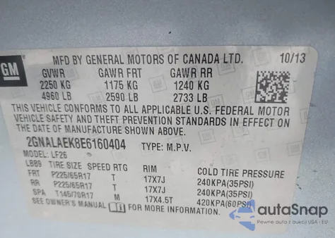 2014 Chevrolet Equinox Ls из США, поврежденный, VIN 2GNALAEK8E6160404